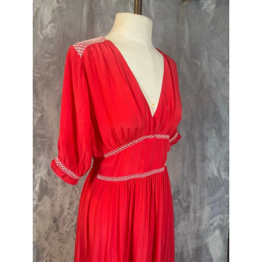 J.CREW 2025 Smocked Trim Midi Dress Crepe de Chine Red 8 M Peasant Boho Feminine